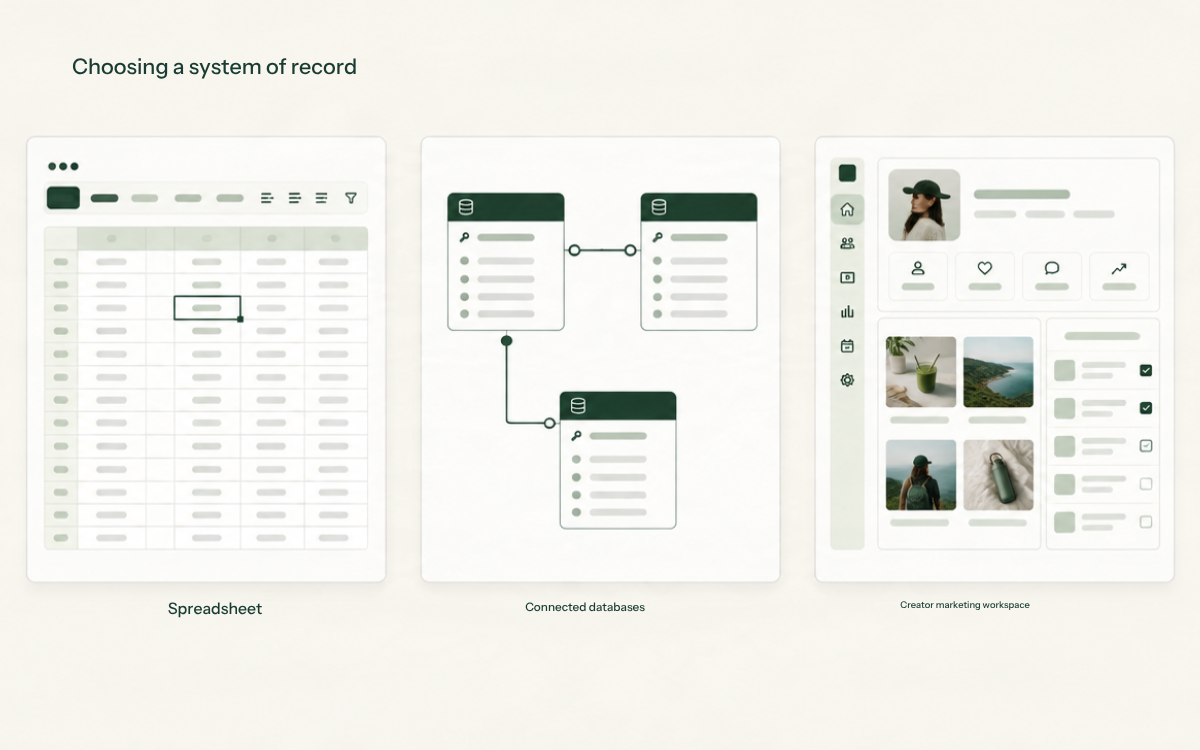 Three approaches to storing creator data: a spreadsheet, connected databases, and a creator marketing workspace.